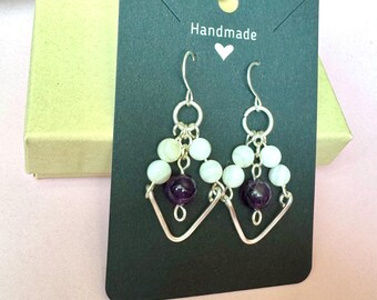 Silver Wire Wrapped Earrings with Italian Onyx & Amethyst Gemstones