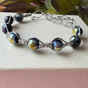 Handmade Silver Wire Wrapped Beaded Bracelet. Adjustable Bangle Bracelet. Black/Silver Beads. Celestial Vibe. Free Shipping. Made in USA