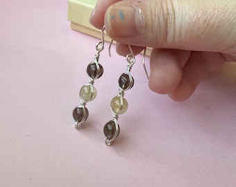 Silver Wire Wrapped Drop Earrings with Smoky Quartz and Citrine Gemstones