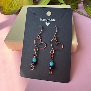Handmade Wire Wrapped Copper Earrings with Turquoise and Black Beads. Heart Statement Beaded Earrings. Artisan Crafted Gift. Free Shipping