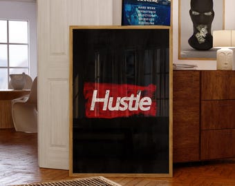 Lámina motivacional "Hustle": Decoración minimalista para oficina en casa en negro y rojo (Descarga digital)