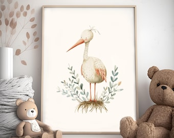 Stork Nursery Print: Scandinavian Baby Room Decor (Digital Download)