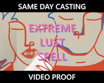 Puede incluir: Un diseño gráfico con dos caras dibujadas en líneas rojas y azules sobre un fondo beige. El texto "SAME DAY CASTING" está en la parte superior de la imagen. El texto "EXTREME LUST SPELL" está en el centro de la imagen. El texto "VIDEO PROOF" está en la parte inferior de la imagen.