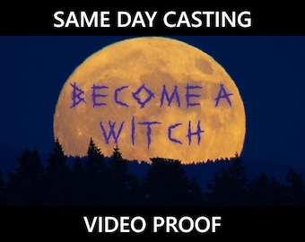 Puede incluir: Una luna llena con las palabras "Become a Witch" escritas en ella en morado, contra un cielo nocturno azul oscuro con árboles en primer plano. El texto "Same Day Casting" aparece en la parte superior de la imagen y "Video Proof" aparece en la parte inferior.