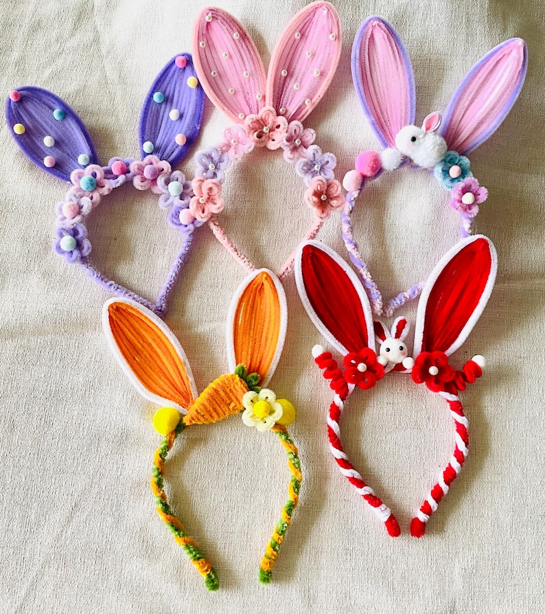 Easter bunny ears floral headband for kids spring parade in five different colors.