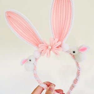 Easter Bunny Ears Flower Crown, Cute Bunny Headband, Colorful Floral Headband, Kids Parade Headpiece, Aestheti Hair Accessor Rabbit for Kids Light Pink Bunny
