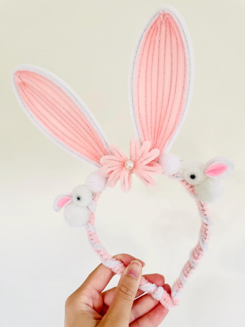 Easter Bunny Ears Flower Crown, Cute Bunny Headband, Colorful Floral Headband, Kids Parade Headpiece, Aestheti Hair Accessor Rabbit for Kids Light Pink Bunny