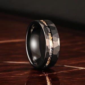 Hammered Black Tungsten Ring: Gold Leaf Meteorite Inlay, 8mm Wedding Band