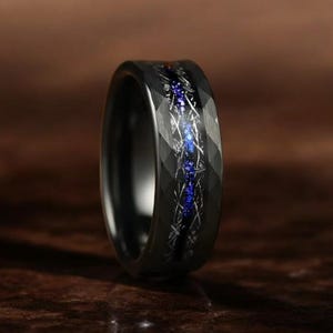 Meteorite Inlay Tungsten Ring: Hammered Black Wedding Band with Nebula Opal Inlay | 8mm