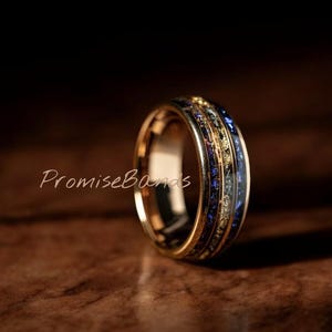 Blue Sandstone Nebula Tungsten Ring: Meteorite & Gold Leaf Inlay, 8mm