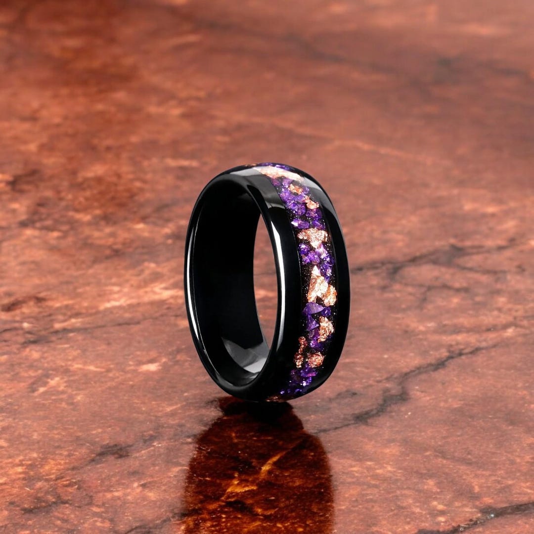 Amethyst Rose Gold Leaf Inlay Tungsten Ring: Black Wedding Band ...