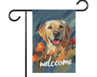 Bandera de jardín de Labrador Retriever: Banner floral de bienvenida, decoración para amantes de las mascotas
