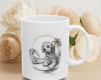 Doodle Surfing Dog Mug: Black & White Ink Art, Gift for Dog Lovers