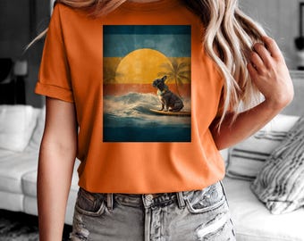 Camiseta de Bulldog Francés Surfeando: Estilo playero retro, regalo para los amantes de los bulldogs franceses