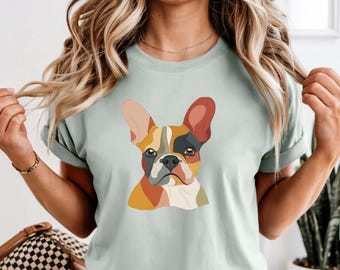 Camiseta bohemia de bulldog francés: arte canino con un toque terroso, un regalo para los amantes de los bulldogs franceses.