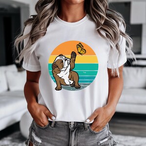 English Bulldog Reaching for a Butterfly, Whimsical Unisex Tee, Reaching for Joy, Fun Cartoon T-Shirt, Conversation Starter, For Him and Her