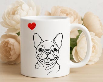 French Bulldog Mug: Minimalist Outline with Red Heart, 20oz Coffee Cup