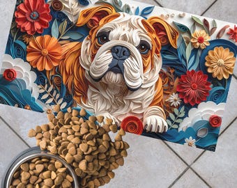 Tapete para comida de perro con diseño de bulldog filigrana: mantel individual antideslizante para mascotas