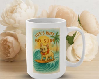French Bulldog Surfing Mug: Watercolor Beach Theme Coffee Cup