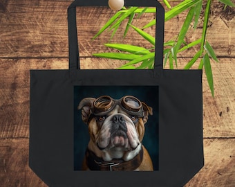 Bolsa ecológica de Bulldog Inglés: Diseño de gafas vintage, negro y verde azulado