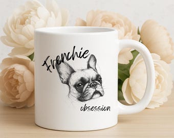 Taza de café con obsesión por los bulldogs franceses, linda taza de té con bulldog francés, regalo para amantes de los perros, taza de 325 ml, divertida taza con perro, adorable bulldog francés.