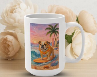 English Bulldog Surfing Mug: Watercolor Sunset Wave, Bullie Lover Gift