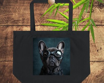 French Bulldog Tote Bag: Organic Cotton Shopper with Vintage Goggles