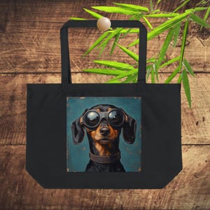 Dashound Portrait Large Eco Tote Bag, Dachshund Tote, Cute Dog Tote, Vintage Dog Portrait Bag, Teal Tote, Dog Lover Gift, Eco-Friendly Bag,