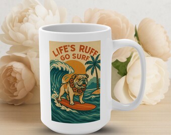 English Bulldog Surfing Mug: Retro Beach Dog Coffee Cup