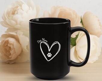 Dog Mom Coffee Mug: Black Ceramic, Heart Paw Print - 15oz