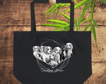 Cavalier Mom Tote Bag: Black Cotton Canvas with Heart-Shaped Dog Design