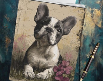 Diario de bulldog francés: Arte floral de bulldog francés, cuaderno rayado