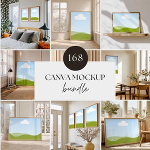 Puede incluir: Una colección de impresiones artísticas enmarcadas que presentan un cielo azul con una nube blanca y colinas verdes. Las impresiones se muestran en varios entornos interiores, incluyendo un dormitorio y una sala de estar. El texto "CANVA MOCKUP bundle" también es visible.