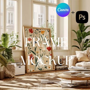 Maqueta de marco de madera (PSD y plantilla de Canva): Escena de interior moderna (descarga digital)