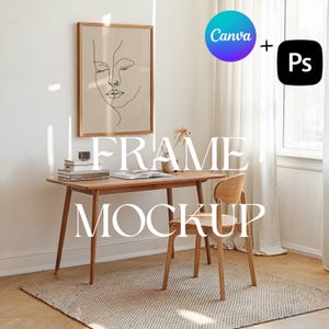 May include: A wooden desk with a chair and a framed print of a line drawing of a face. The desk has a few books and a vase with dried flowers on it. The wall is white and there is a window with white curtains in the background. The text "FRAME MOCKUP" is superimposed on the image.