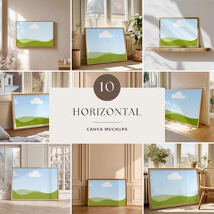 Op de afbeelding: Tien horizontale Canva-mockups met ingelijste landschapsafbeeldingen. Elk frame van licht hout toont een scène met een blauwe lucht, een witte wolk en groene heuvels. De mockups worden in verschillende interieurs gepresenteerd.