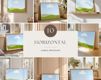 May include: A collection of ten horizontal Canva mockups. Each mockup features a framed landscape scene with a blue sky, white cloud, and green rolling hills. The frames have a light wood finish, and the scenes are displayed in various interior settings.