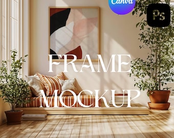 May include: A mockup of a framed abstract painting with a pink, white, and brown color scheme. The frame is on a wooden shelf with a striped cushion and a potted plant. The text "FRAME MOCKUP" is superimposed on the image.