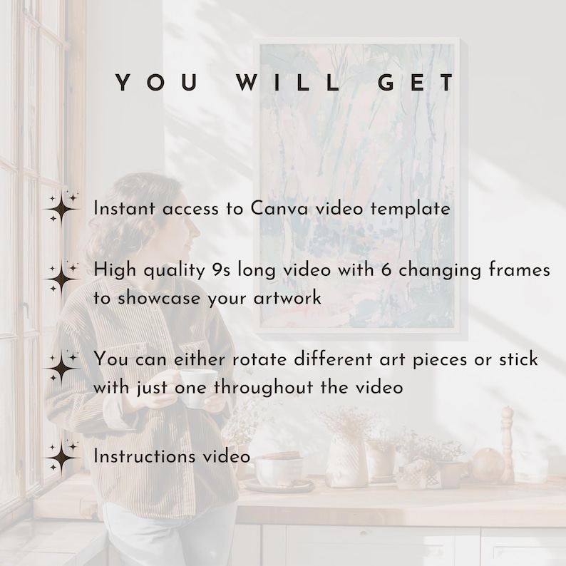 以下が含まれることがあります： 「YOU WILL GET」のテキストと、Canvaビデオテンプレートの詳細（インスタントアクセス、6フレームの9秒ビデオ、説明書など）が記載された画像。額縁に入ったアートワークの近くに人が立っています。
