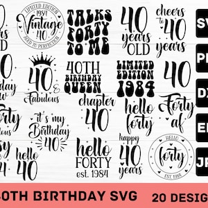 Paquete SVG del 40.° cumpleaños, PNG, DXF, eps y jpeg incluidos, archivos de corte Cricut, descarga instantánea