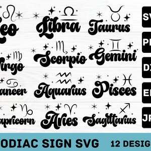 Pacchetto SVG PNG segno zodiacale, oroscopo, costellazione celeste, stelle, segni astrologici, simboli zodiacali, clipart, file Svg regalo per Cricut