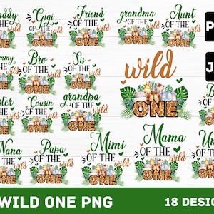 Paquete de camisetas de cumpleaños a juego de la familia Wild One, archivo PNG de sublimación por transferencia, diseños de mamá y papá, safari en la jungla, león y jirafa