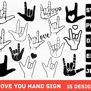 Te amo signo de mano Svg, ASL, lenguaje de señas Svg. Archivo de corte vectorial Cricut, silueta, calcomanía, vinilo, plantilla, pin, pdf, png, dxf, eps