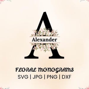 Monograma dividido svg, jpg, png, clipart de monograma floral, gráfico de letras de girassol, pacote de alfabeto, monograma de nome, uso comercial