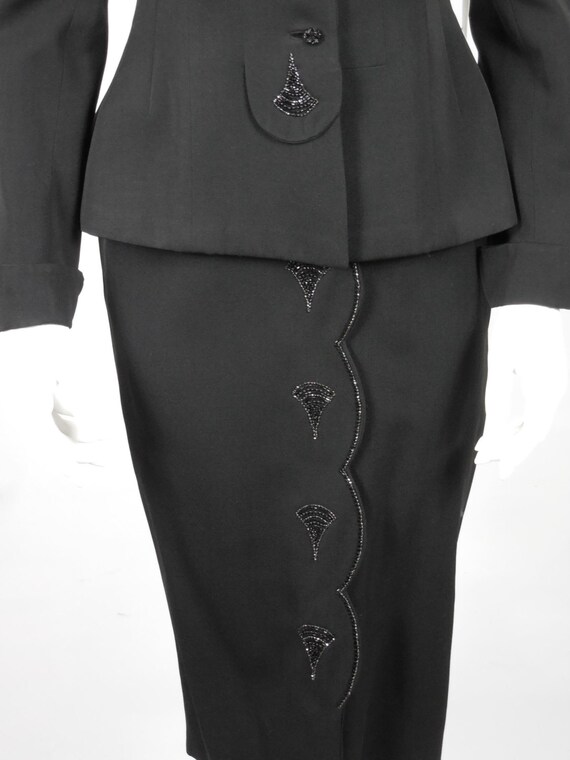 1950 Vintage Black Wool Gabardine Suit with Bead … - image 3