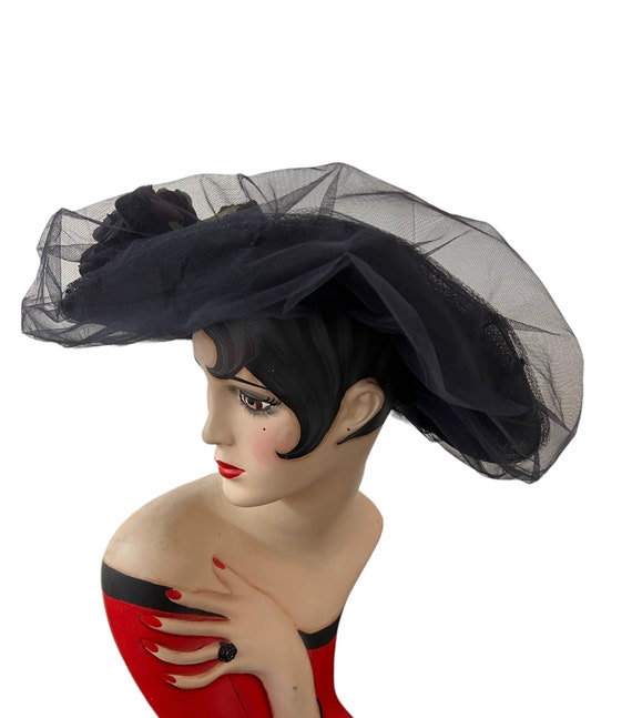 1940's Vintage Wide Brim Navy Blue Straw & Tulle … - image 2