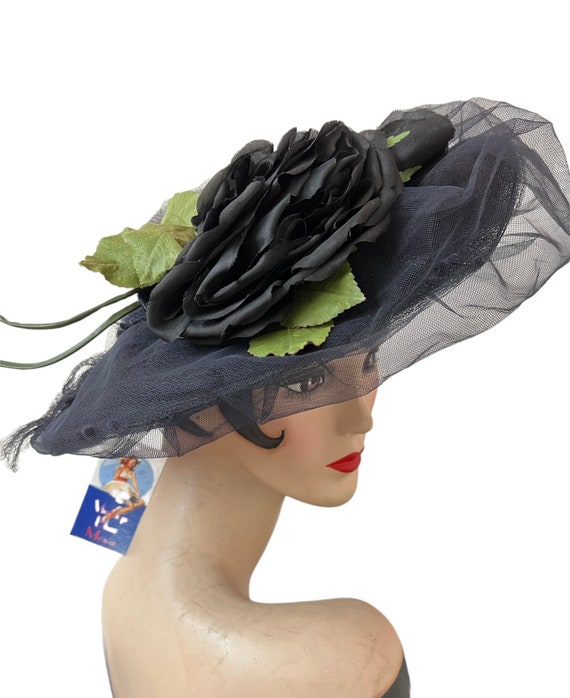 1940's Vintage Wide Brim Navy Blue Straw & Tulle … - image 3