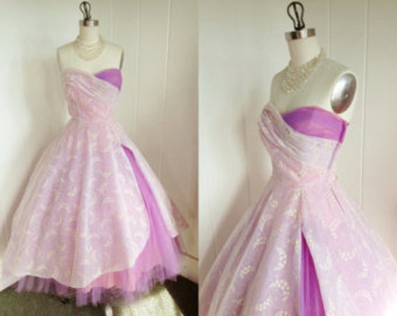 1950s Vintage Lavender Tulle and Chiffon Prom Dres