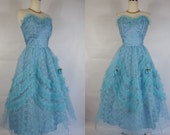 1950's Vintage Blue Lace and Tulle Prom Dress with Rosettes Cup Cake