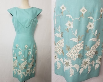 1960 Vintage Teal Blue Linen Blend Cocktail Wiggle Dress Perfect